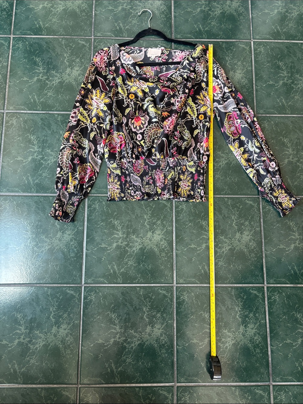 cinq a sept Black Floral V-Neck Smocked-Waist Blouse with Pink & Yellow Accents